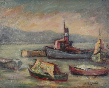 RECCHIA AMERIGO, Darsena, Olio su tavola Anno 1970 Dim. 50x61,5 Al verso data...