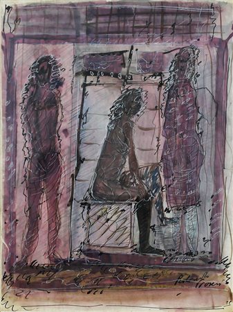 VIANI ROLANDO (VIAREGGIO 1923 AOSTA 1977), Tre figure - interno, Tempera su...