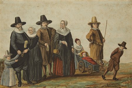 Barent Avercamp (Kampen 1612 - 1679)(attr.)Famiglia olandeseAcquerelli su...