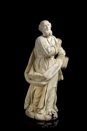 Artista della fine del secolo XVII "Evangelista" scultura in legno laccato...