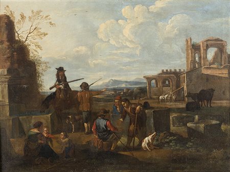 Scuola romana del secolo XVIICacciatori e contadini in un paesaggioOlio su...