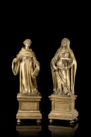 Artista del secolo XVII "Santi" coppia di sculture in bronzo dorato (h. cm...