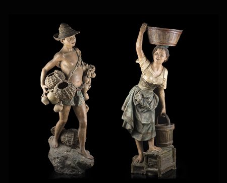 Arte napoletana, fine secolo XIX "Figure popolari" coppia di sculture in...