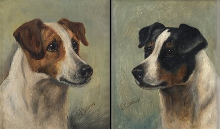 John Emms (Norfolk 1843 - Lyndhurst 1912)"Jack Russel Terriers" coppia di...