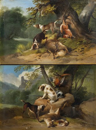 Scuola del secolo XIX "Foxhound e Breton con prede" coppia di dipinti ad olio...