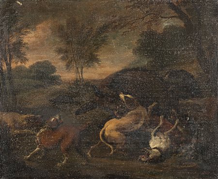 Scuola del secolo XIX "Caccia al cinghiale" olio su tela (cm 33x39) Firmato...