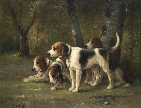 S. Arzinkhoff (fine secolo XIX) "Beagles nel bosco" olio su tela (cm 34x40)...