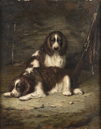 John Fitz Marshall (Inghilterra 1859 - 1932)"Springer Spaniels 1881" olio su...