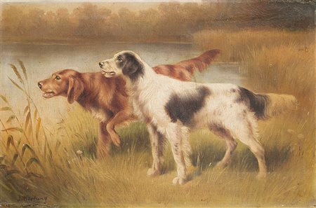 J. Hartung (1836 - 1918) "Setter Inglese e Setter Iralndese in un paesaggio"...