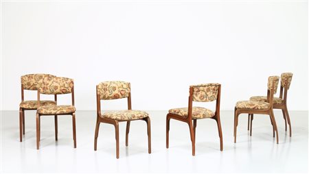 FRATTINI GIANFRANCO (1926 - 2004) Sei sedie in legno e tessuto originale, per...