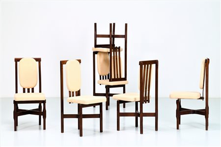 FIORI LEONARDO Sei sedie in legno e tessuto originale per ISA Bergamo, anni...