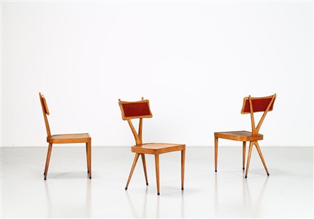 VIGORELLI GIANNI Tre sedie in legno e tessuto originale, anni 50. -. Cm 44,00...