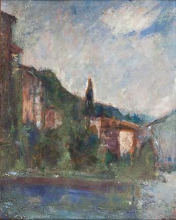 ARTURO TOSI (1871-1956) Paesaggio con fiume/lago (anni Quaranta)olio su...