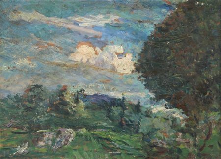ARTURO TOSI (1871-1956) Paesaggio con cielo blu e alberoolio su tavola cm...