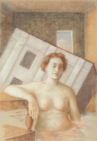 PAOLA GANDOLFI (1949-) Nudo con architetture 1987pastelli su cartoncino cm...