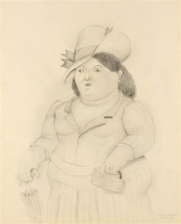 Fernando Botero Medellin 1932 Mujer con paraguas, 1983 Matita e gouaches su...