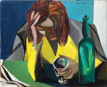 Renato Guttuso Bagheria (Pa) 1912 - Roma 1987 Bevitrice in giallo, 1946 Olio...