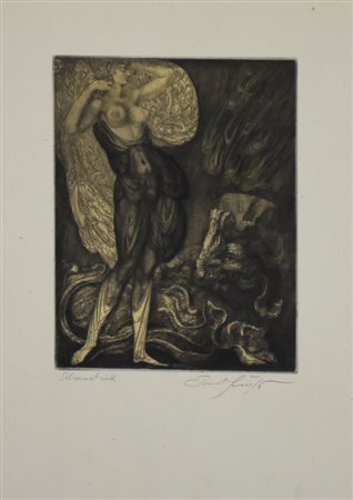 Ernst Fuchs GENIE UND TIER acquaforte, cm 22,5x17,7 eseguito nel 1966 prova...