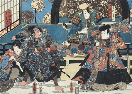 Un trittico firmato Kuniyoshi e una stampa raffiguranti scene teatrali, in...