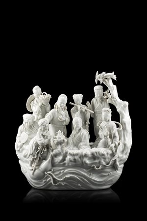 Gruppo di Immortali Taoisti su zattera in porcellana Blanc-de-Chine...
