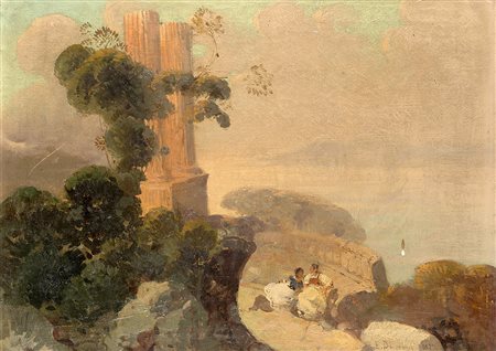 Edoardo Dalbono (Napoli 1841 - 1915)"Paesaggio costiero con resti...