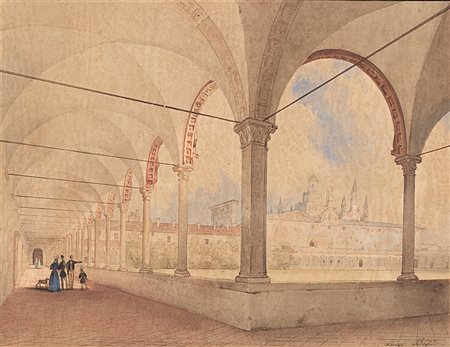 Luigi Bisi (Milano 1814 - 1886)"Chiostro della Certosa di Pavia"acquerello su...