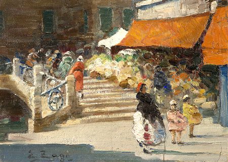 Erma Zago (Bovolone 1880 - Milano 1942)"Venezia, mercato dei fiori" olio su...