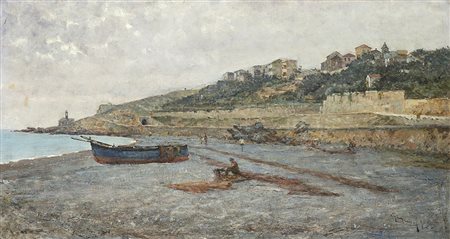 Lorenzo Gignous (Modena 1862 - Porto Ceresio 1958)"Paesaggio costiero" olio...