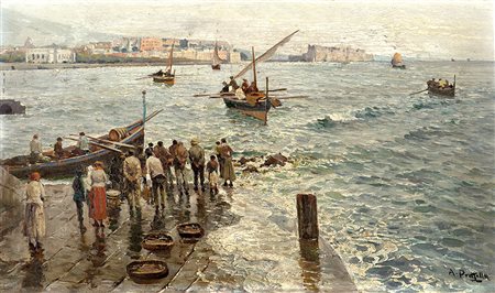 Attilio Pratella (Lugo 1856 - Napoli 1949)"Marina con barche di...