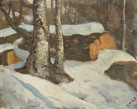 Italo Mus (Chatillon 1892 - St. Vincent 1967)"Sotto la neve"olio su cartone...