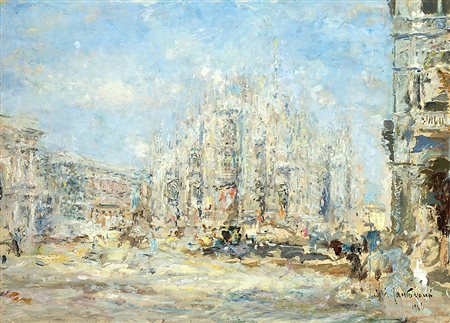 Luigi Mantovani (Milano 1880 - 1957)"Piazza Duomo, Milano" 1946olio su...