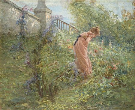 Stefano Bersani (Melegnano 1872 - Lora 1914)"In giardino"olio su tela (cm...