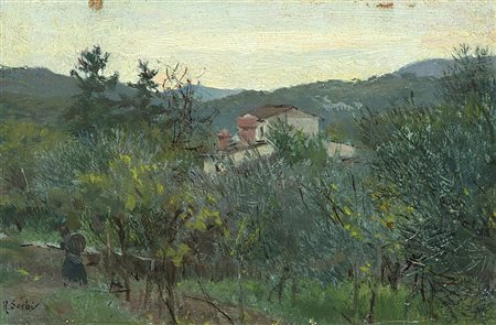 Raffaello Sorbi (Firenze 1844 - 1931)"Casolare" olio su tavola (cm 8x13)...