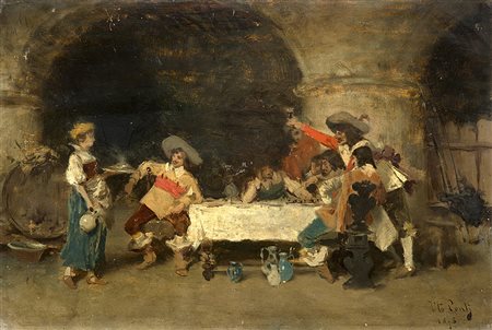 Tito Conti (Firenze 1842 - 1924)"Il brindisi nella taverna" 1878olio su...