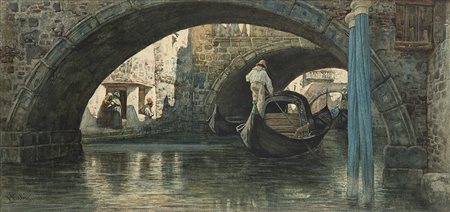 Vincenzo Cabianca (Verona 1827 - Roma 1902)"La gondola" acquerello su...