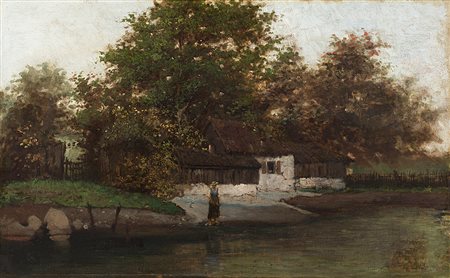 Guglielmo Ciardi (Venezia 1842 - 1917)"La casa sul fiume"olio su tela (cm...