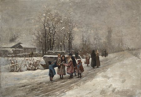 Enrico Bartezago (Milano 1849 - 1924)"Paesaggio innevato con figure"olio su...