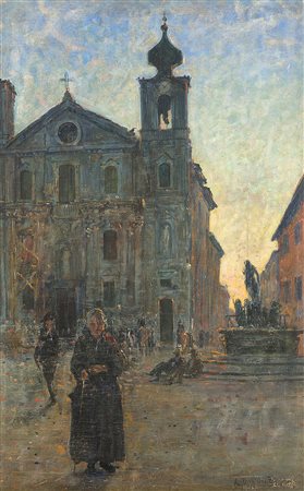 Angelo Dall'Oca Bianca (Verona 1858 - 1942)"Veduta con la chiesa di...