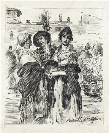 Angelo Dall'Oca Bianca (Verona 1858 - 1942)"Chiacchere"disegno a carboncino...