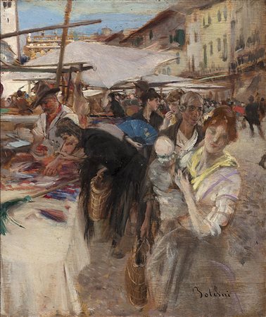 Giovanni Boldini (Ferrara 1842 - Parigi 1931)"Mercato in Piazza delle Erbe a...