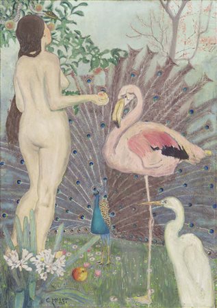 Carl Moser (Bozen/Bolzano 1873 – 1939) Eva nel paradiso, 1931;Olio su tela,...