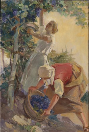 Orazio (Horatio) Gaigher (Bozen/Bolzano 1873 – 1939) Vendemmia;Olio su tela,...