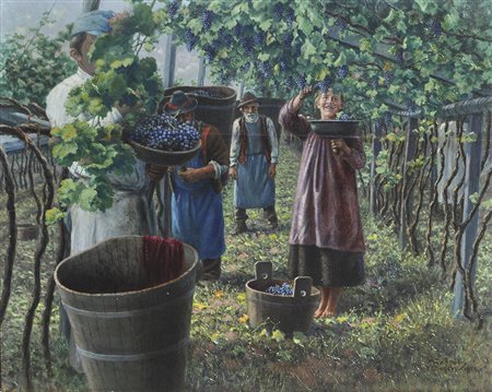 Franz August Reisch (* Wien/Vienna 1862) Vendemmia, 1918;Olio su tavola, 51,5...