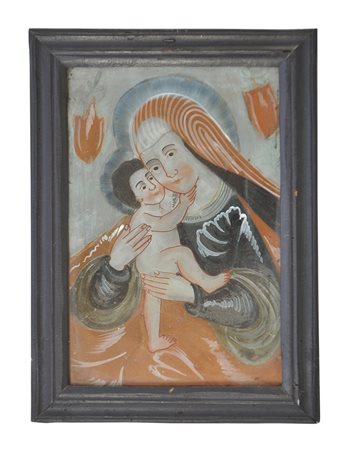 Pittura dietro vetro “Madonna con bambino, XIX Sec;25 x 16 cm