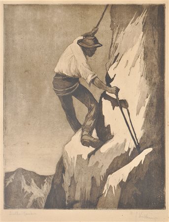 Sergio Vatteroni (Carrara 1890 – 1993) Alpinista;Acquatinta, 44,5 x 34,8 cm...