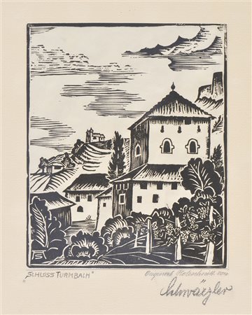 Alois Konrad Schwärzler Residenza Turmbach, Appiano;Xilografia, 24,2 x 20 cm...