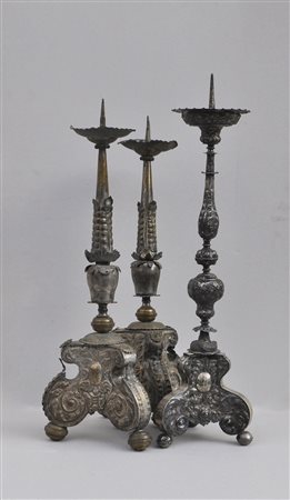 Raccolta di 8 candelabri, 19 Sec.;Lamina argentata, danni, h. ca. 63 cm