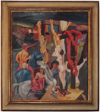 Renato Guttuso (1911-1987), copia da La Crocifissione Olio su tela 100x70 cm...