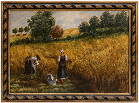 Francis Turri, XX secolo Campo di grano con contadine Olio su tela 70x100 cm...