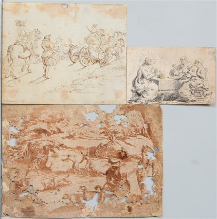 Gruppo di tre disegni:Artista veneto del secolo XVII, "Cena in Emmaus", penna...